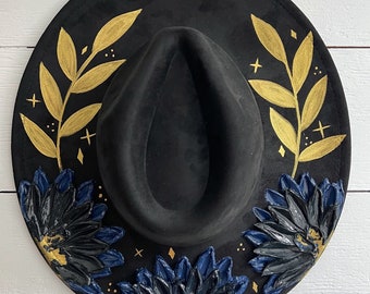 Hand-Painted Flower Rancher Hat: Moody Blooms Boho Accessory