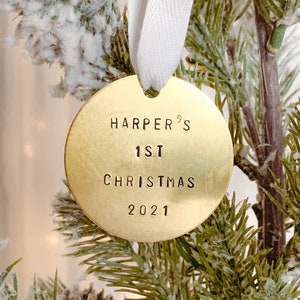 Babys First Christmas Brass Ornament Childs 1st Christmas Keepsake Ornament Personalized Ornament image 1