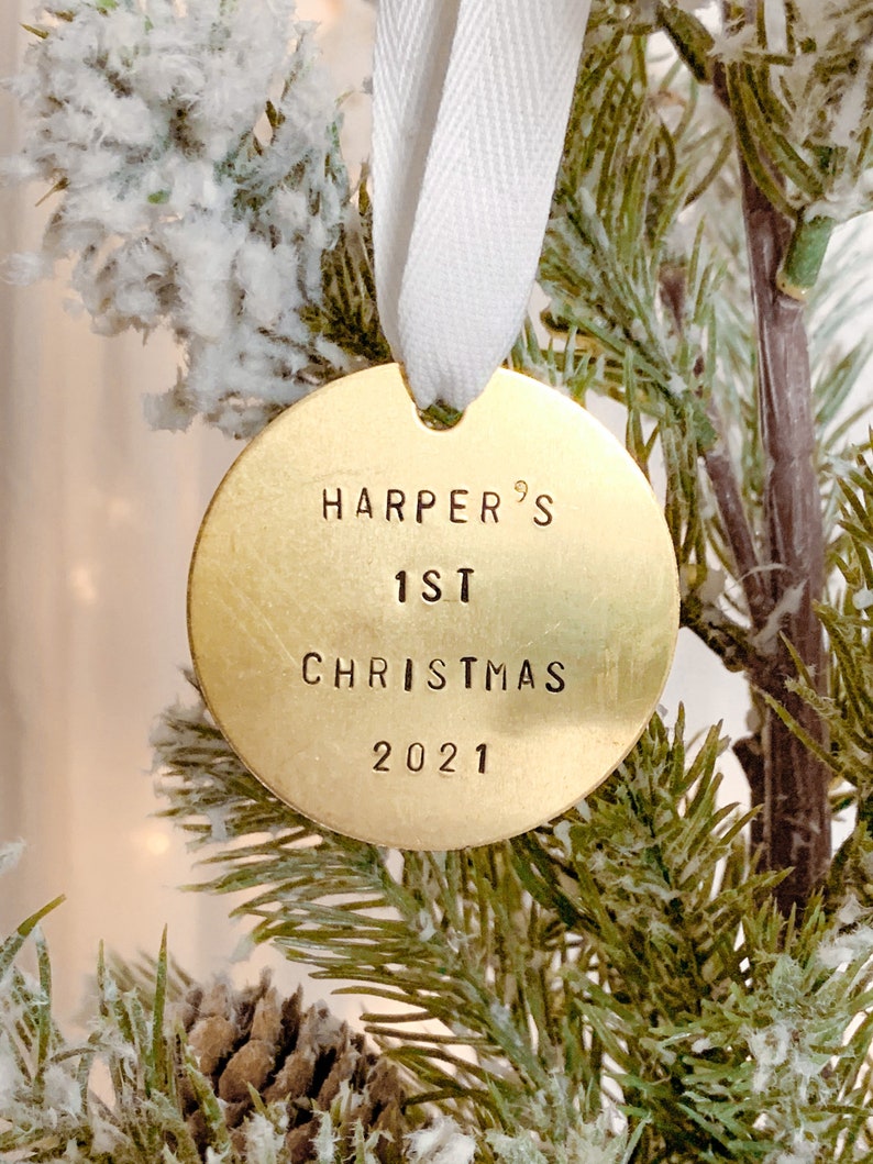 Babys First Christmas Brass Ornament Childs 1st Christmas Keepsake Ornament Personalized Ornament image 1