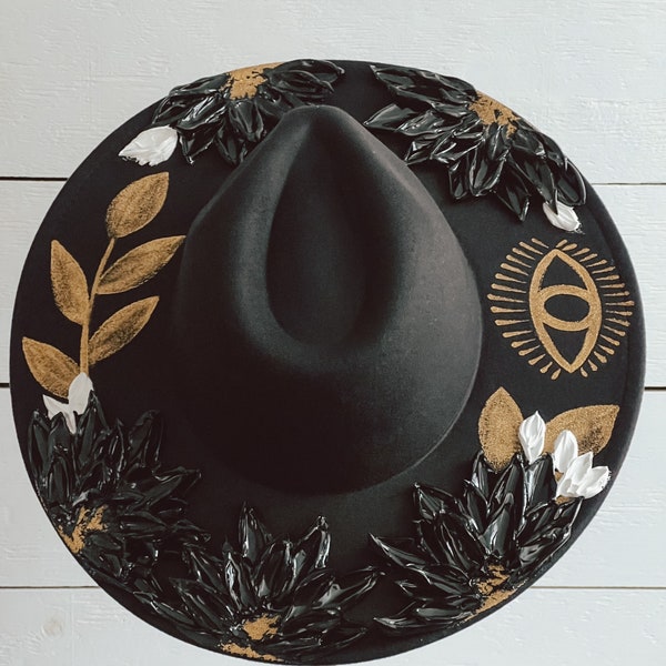 Desert Wide Brim Hat |Eye Rancher Hat | Flowers Boho Hat | Eyelashes  - Thick Paint Wide Brim Hat - by Allison