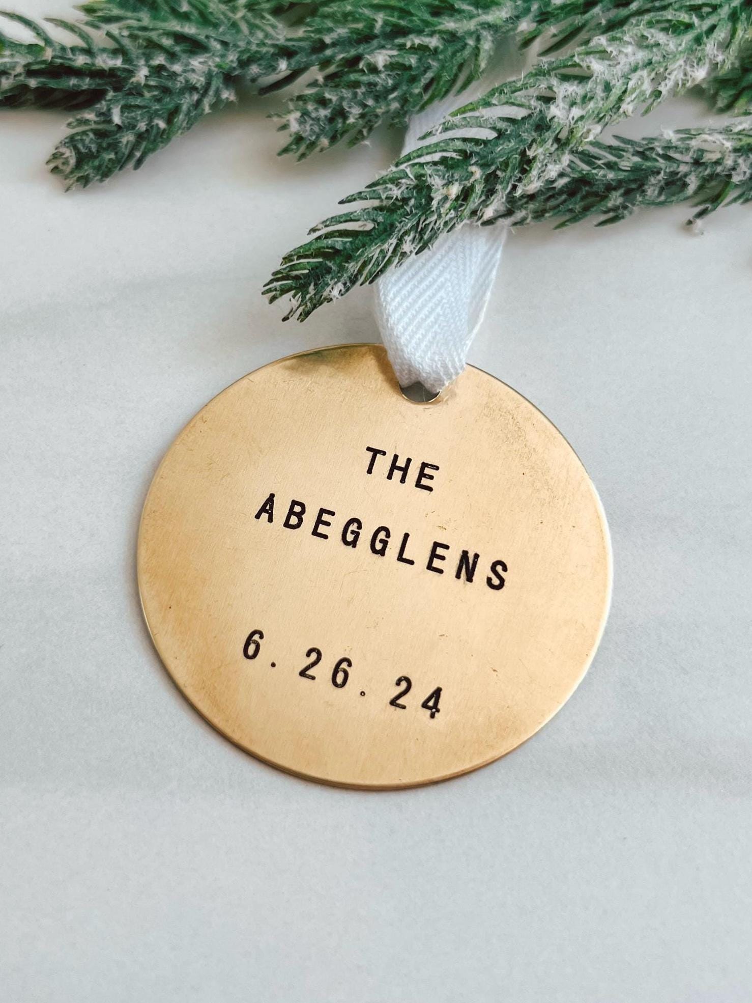 Wedding Date Brass Ornament - Last Name - Marriage Date Ornament   - Personalized Metal Ornament