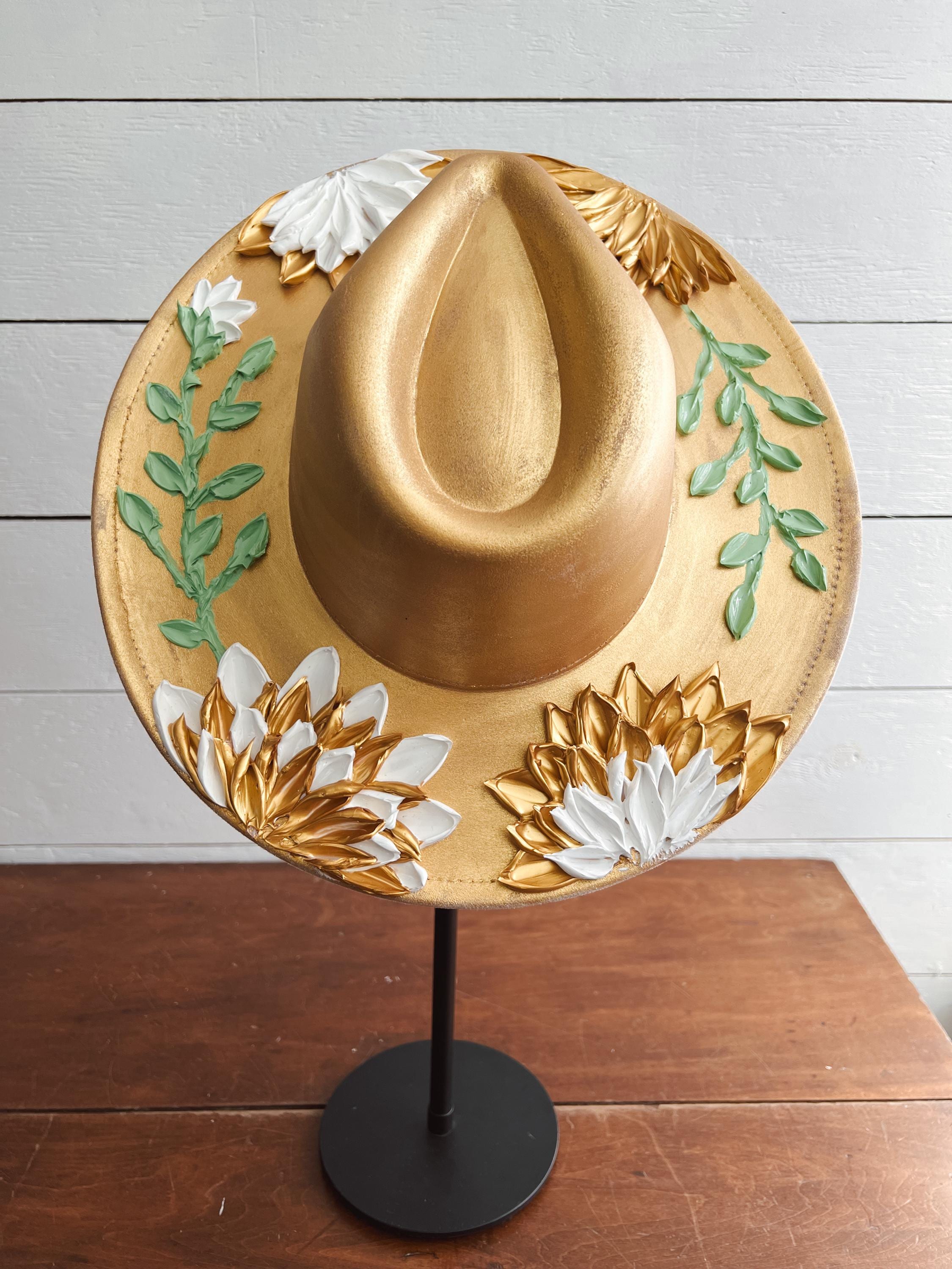 Hand-painted Flower Rancher Hat: Golden Goddess Boho Brim - Etsy display picture 2