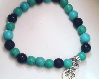 Blue and turquoise magnesite and black onyx genuine gemstone stretch bracelet tree of life