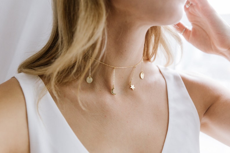Gold Choker Necklace Star Statement Moon Celestial Hanging Choker Space Dainty Galaxy Inspired Minimal Moon Phases