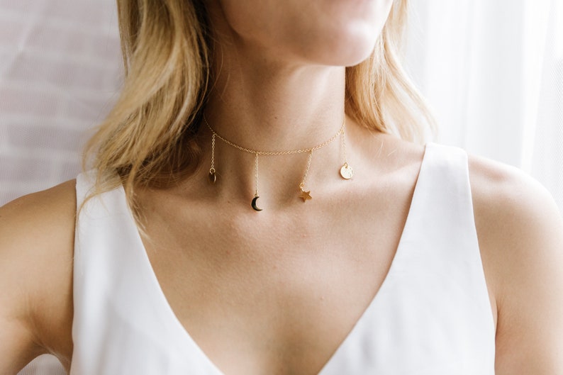 Gold Choker Necklace Star Statement Moon Celestial Hanging Choker Space Dainty Galaxy Inspired Minimal Moon Phases