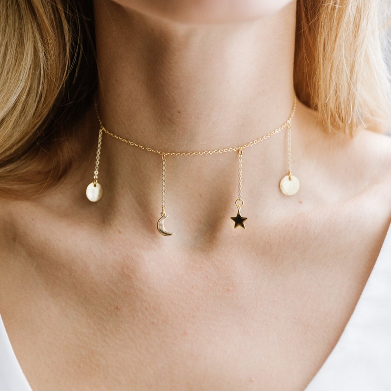 Gold Choker Necklace Star Statement Moon Celestial Hanging Choker Space Dainty Galaxy Inspired Minimal Moon Phases