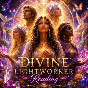 Pode incluir: Uma ilustração digital apresentando cinco figuras etéreas com pele radiante e adornos de cabeça, cercadas por cristais flutuantes, cachoeiras e pombas brancas. O texto DIVINE LIGHTWORKER Reading está centralizado em letras douradas.