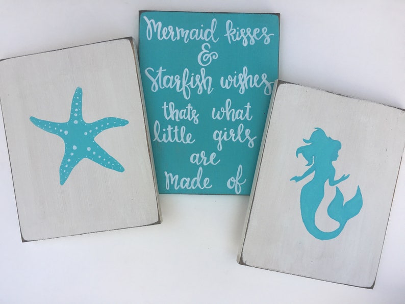 Mermaid Kisses And Starfish Wishes Mermaid Decor Girls Bedroom Signs Bathroom Decor