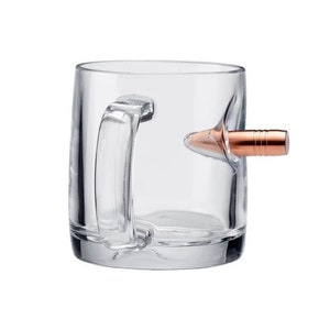May include: A clear glass mug with a copper-coloured bullet embedded in the side, serving as the handle.