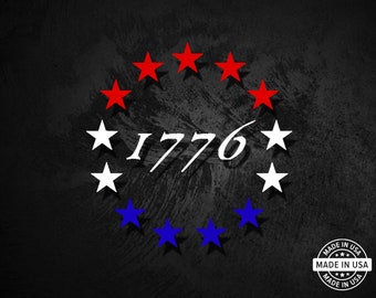 May include: A black and white graphic design with a circle of red, white, and blue stars. The year 1776 is written in white in the center of the circle. The words "Made in USA" are written in a circle with stars around the words.