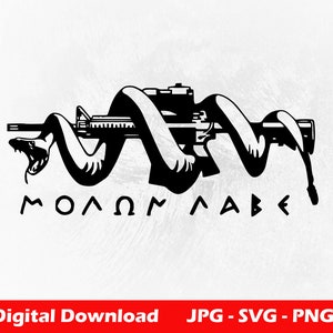 May include: Black and white graphic featuring a rifle intertwined with a snake, with the Greek phrase "MOLON LABE" below. The image is a digital download available in JPG, SVG, and PNG formats.
