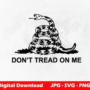 May include: A black and white illustration of a coiled rattlesnake with the text "Don't Tread On Me".