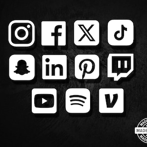 May include: A collection of white social media icons, including Instagram, Facebook, X, TikTok, Snapchat, LinkedIn, Pinterest, Twitch, YouTube, Spotify, and Vimeo, against a black background. A "Made in USA" seal is in the bottom right corner.