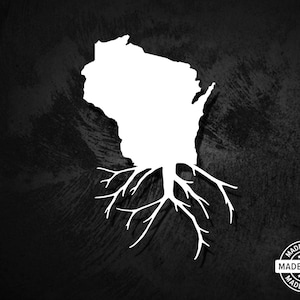 May include: White graphic of the state of Wisconsin with stylized roots on a black background. The image includes a small, circular "Made in USA" stamp in the lower right corner. The design is simple and bold, suitable for various applications.
