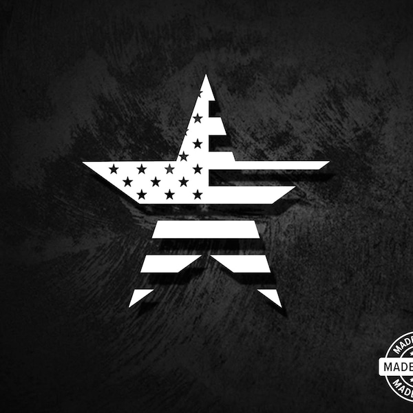 May include: A white star with the American flag design on it. The star is on a black background. The text "MADE IN USA" is in a circle around the star.