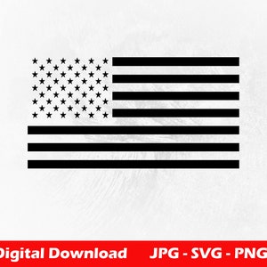 May include: Black and white silhouette of the American flag. The flag has 13 horizontal stripes and 50 stars in a rectangle.