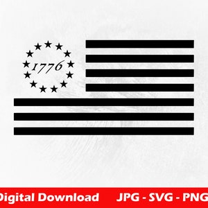 May include: Black and white digital download of an American flag with 13 stripes and a circle of stars with the year 1776 in the center.