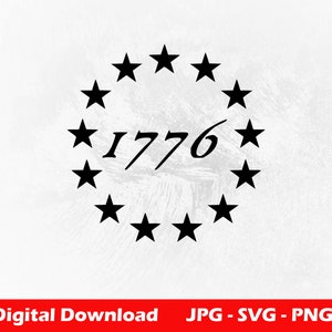 Op de afbeelding: Zwart-wit grafisch ontwerp van een cirkel van dertien sterren rond het getal 1776.