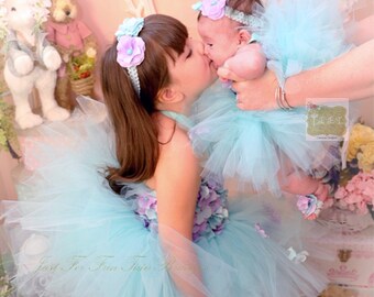 Aqua and light purple flower tutu dress along with barefoot and headband or hair pin or ribbon flower sash (for hats)