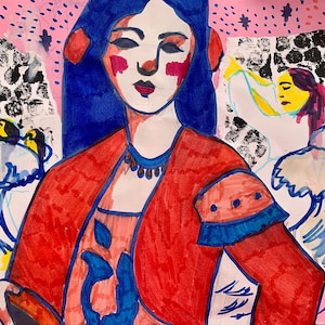 Miriam&#39;s Dance, Mixed Media Painting Collage Drawing Jewish Chabad Judaica Art by Cassie Clark