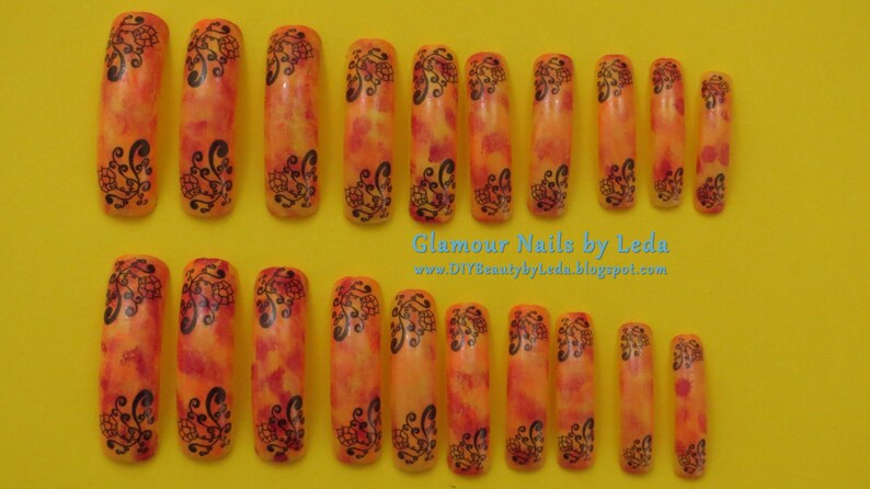 20 Extra Long Square Nails Fall Camo Gradient With Black Water Decals 20 Extra Long Square Nails Fall Camo Gradient With Black Water Decals