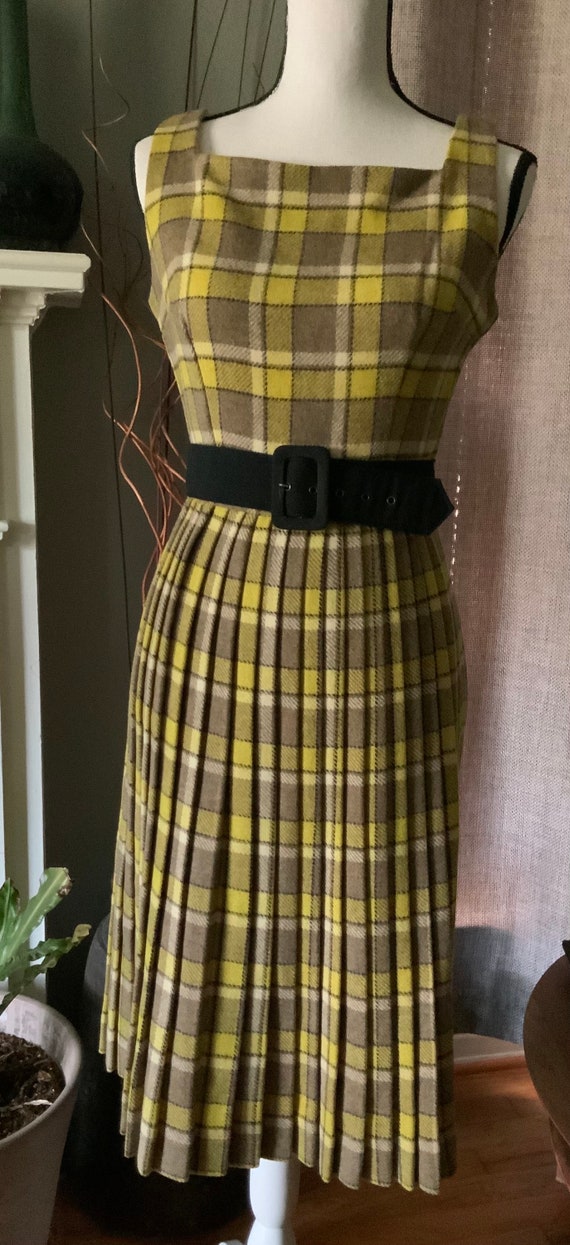 1960s brown and yellow  Wool Dress with Pleats