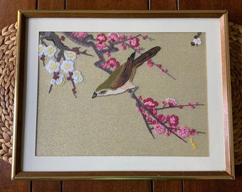 Vintage Framed Chinese Embroidery with Cherry Blossoms and Bird