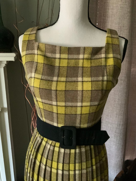 1960s brown and yellow  Wool Dress with Pleats - image 2