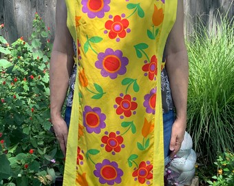 Vintage Yellow Floral Painting Smock / Tablier avec fermetures à pression