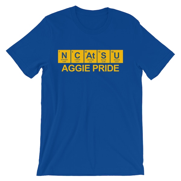 NCATSU Aggie Pride Periodic Table Shirt. Blue and Gold Shirt. Black and White Shirt. Nerdy Aggie Shirt.