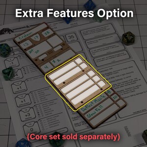 May include: A wooden tabletop gaming accessory with white inlays and the text "Deflect Missile" and "Slow Fall". The accessory is designed to be used with a Dungeons & Dragons character sheet. The text "Extra Features Option" is at the top.