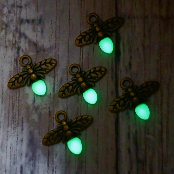 Tiny Glowing Firefly Charms, Bronze with Green Phosphorescent Abdomens, 5 per pack
