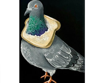 May include: A painting of a gray pigeon with a slice of bread on its head. The pigeon is standing on a black background.