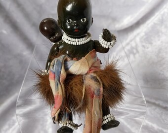 Vintage celluloid black mother and child miniature 4 inch doll , African costume