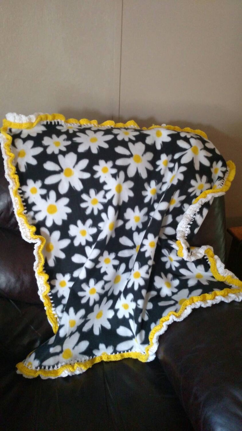 Baby white yellow flower fleece blanket with crochet border Etsy