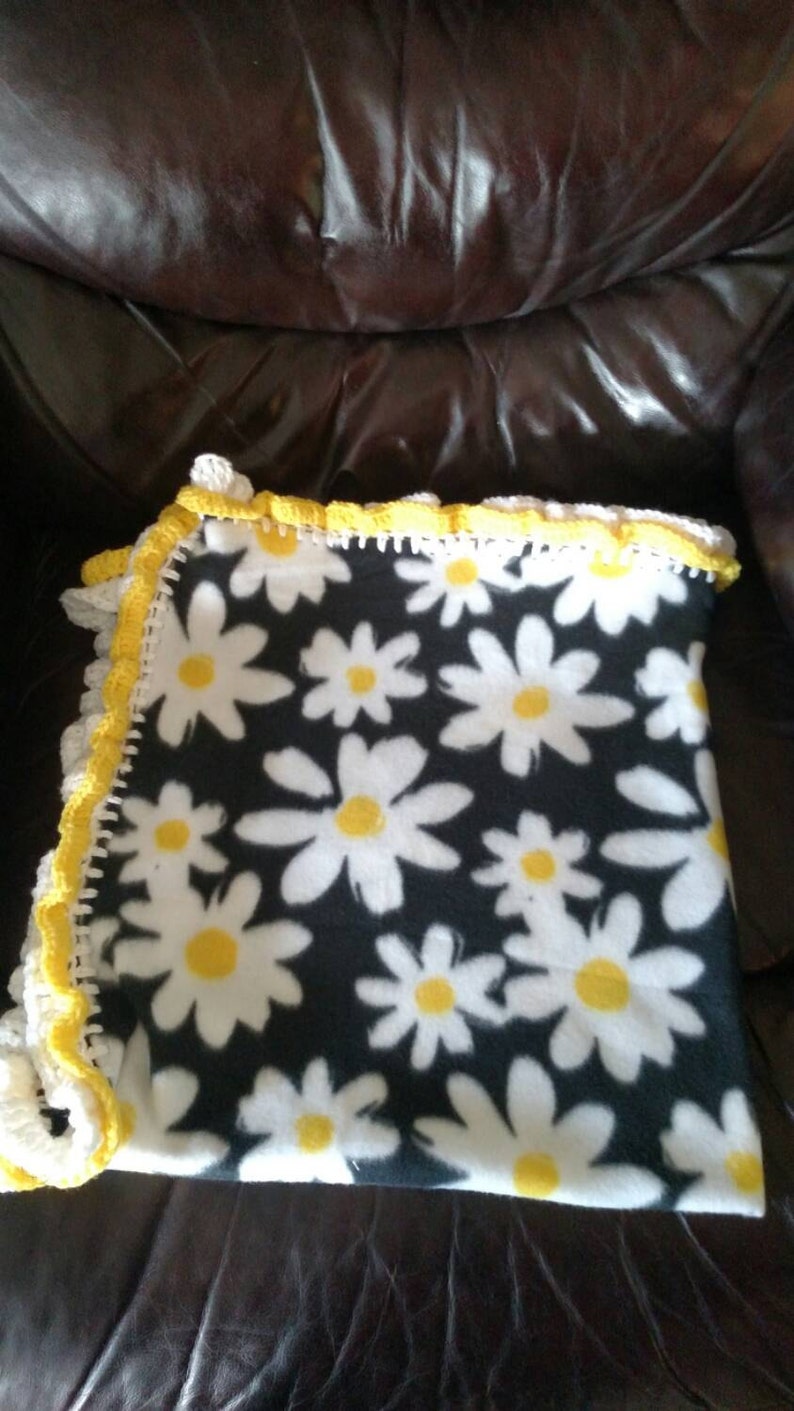 Baby white yellow flower fleece blanket with crochet border Etsy