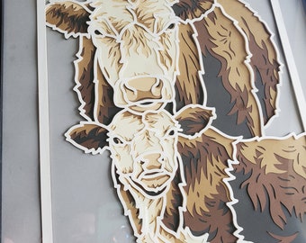 Framed Cow Portrait: 3D Layered Paper Art, Farmhouse Decor (9x12)