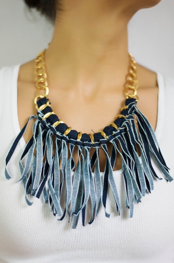 Items similar to Denim Necklace, Fringe Necklace, fabric fringe