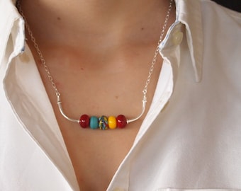 Delicate Sterling Silver Chain ketting met rode, gele en turquoise kleur lampwork kristal kralen