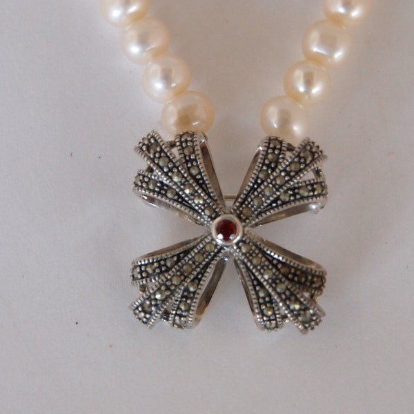 Vintage Sterling Silver Marcasite and Garnet Cross Pin\Pendant Converted to Necklace with White Fresh Water Pearls