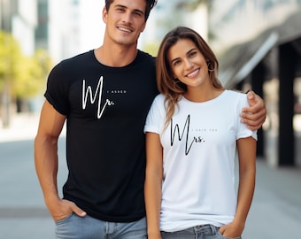 I Asked I Said Yes T-shirts, Matching Mr Mrs Shirts, Engagement Announcement Shirts, Bridal Party Tee, Bridal Shower Gift, Minimalist Couple