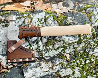 OVB Hatchet with custom Leather Sheath and overstrike guard Our Very Best