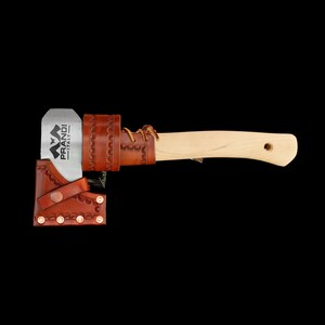 May include: A brown leather sheath with a small axe inside. The axe has a wooden handle and a silver blade with the text "PRANDI ITALY" on it.