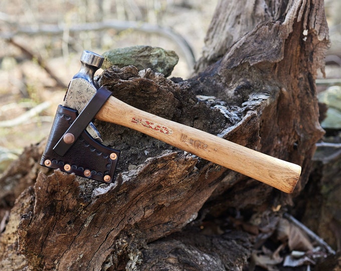 Plumb Autograf hatchet with custom leather sheath