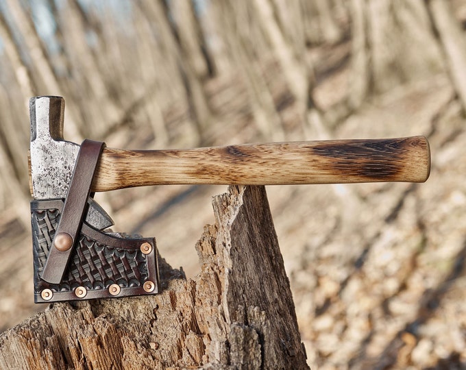 Anniversary hatchet with custom leather sheath