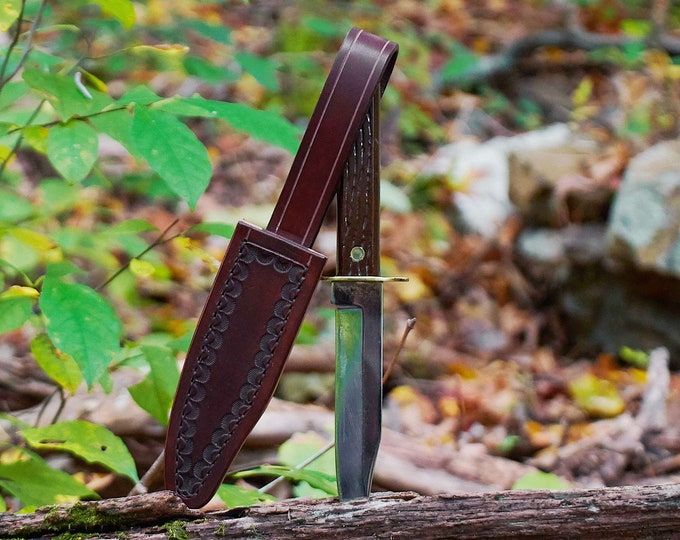 Vintage Hammer Brand Fixed Blade knife with handmade leather sheath