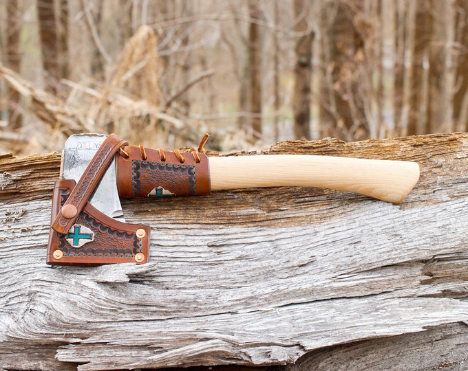 Vintage Collins Hatchet with custom leather sheath and overstrike guard