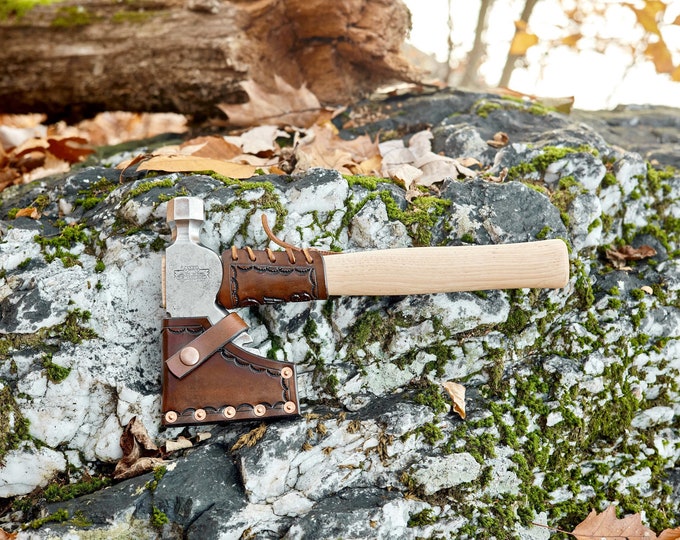 OVB Hatchet with custom Leather Sheath and overstrike guard Our Very Best