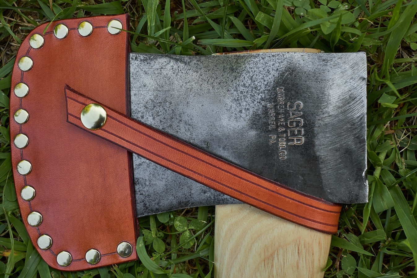 Vintage Sager axe from Warren Axe and Tool Co with handmade leather sheath