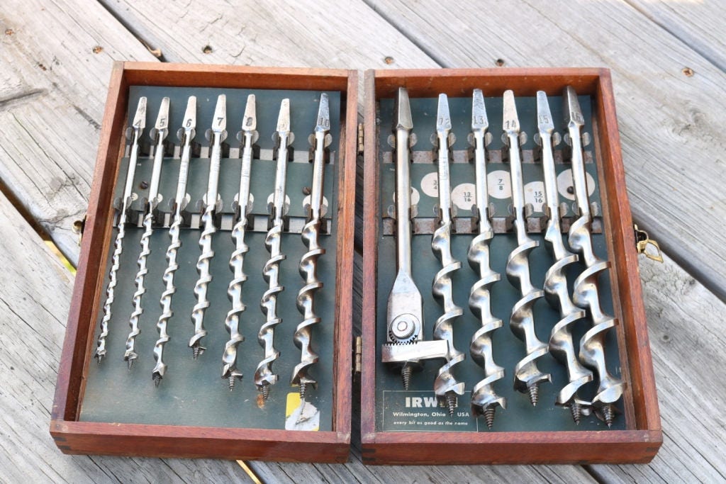 Vintage Irwin auger bit set in original wooden box
